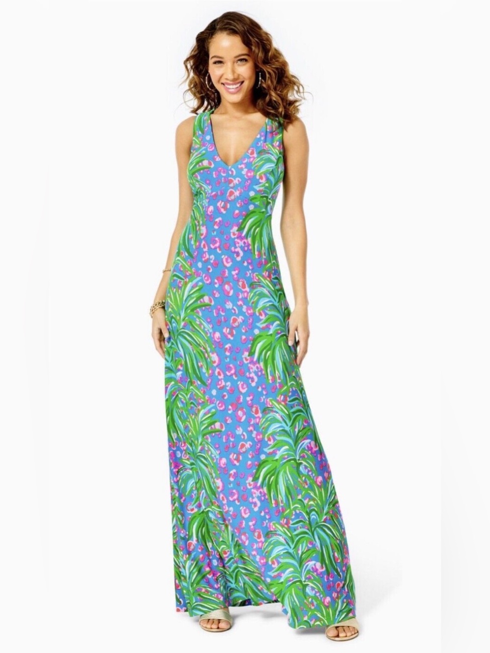 LILLY PULITZER Noemi Maxi Tropical V-Neck Racer Back Dress Turquoise Shore Sz: S